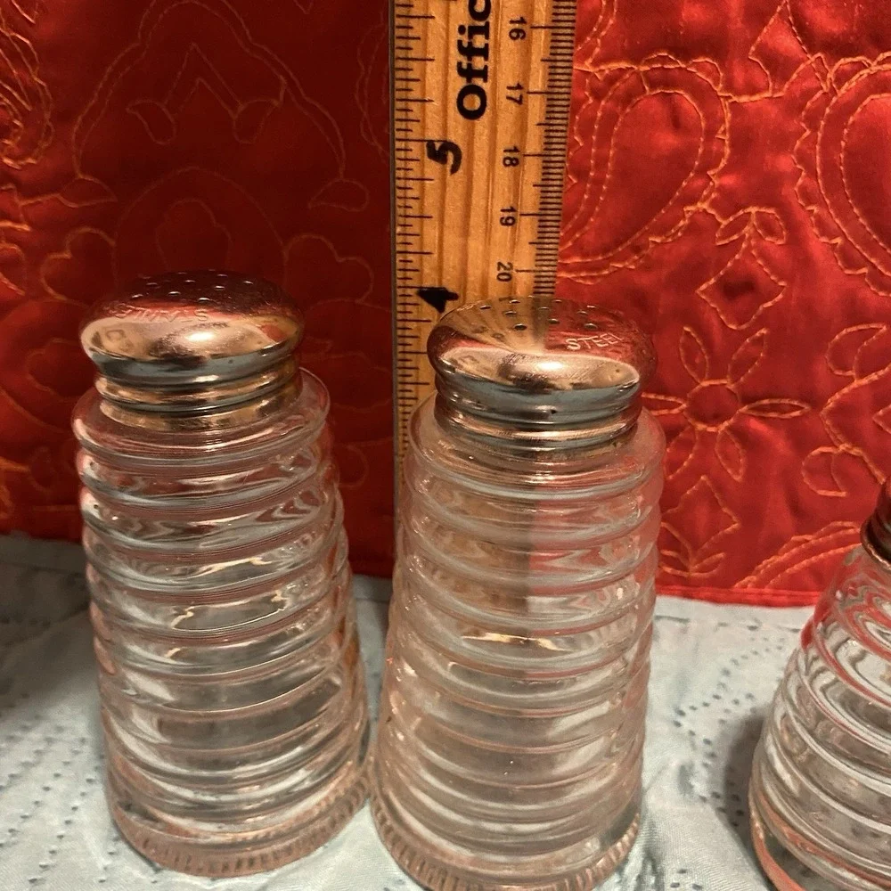 2 Sets VTG‎ Beehive Clear Glass S/S Tops Diner Salt & Pepper Shakers 4